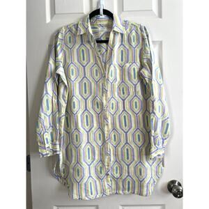 SIGRID OLSEN 100% Linen Colorful Geometric Button Up Roll-Tab Tunic Blouse Top